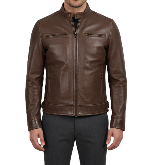 Mens Brown Slim Fit Leather Jacket - Front View