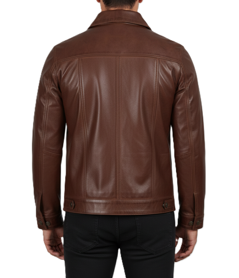 Men's Brown Vintage Biker Leather Trucker Jacket - Back View