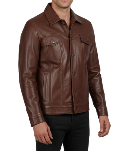 Men's Brown Vintage Biker Leather Trucker Jacket - Side View