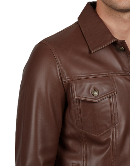 Men's Brown Vintage Biker Leather Trucker Jacket - Collar Detail