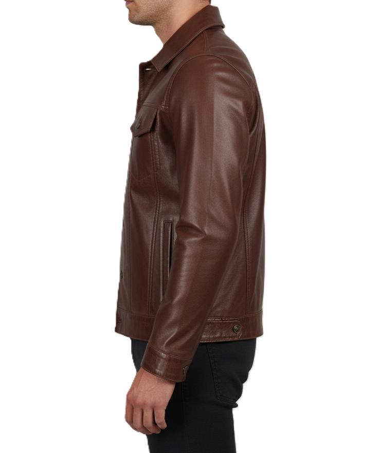 Men's Brown Vintage Biker Leather Trucker Jacket - Detail View