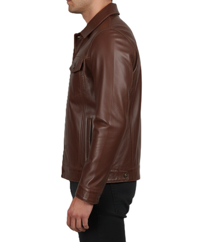 Men's Brown Vintage Biker Leather Trucker Jacket - Detail View