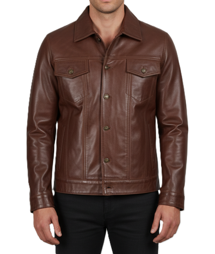 Men's Brown Vintage Biker Leather Trucker Jacket - Front View