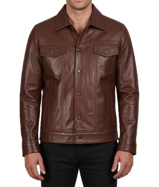 Men's Brown Vintage Biker Leather Trucker Jacket - Front View