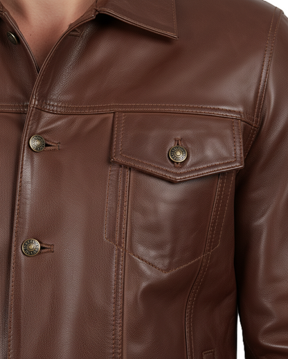 Men's Brown Vintage Biker Leather Trucker Jacket - Full Look