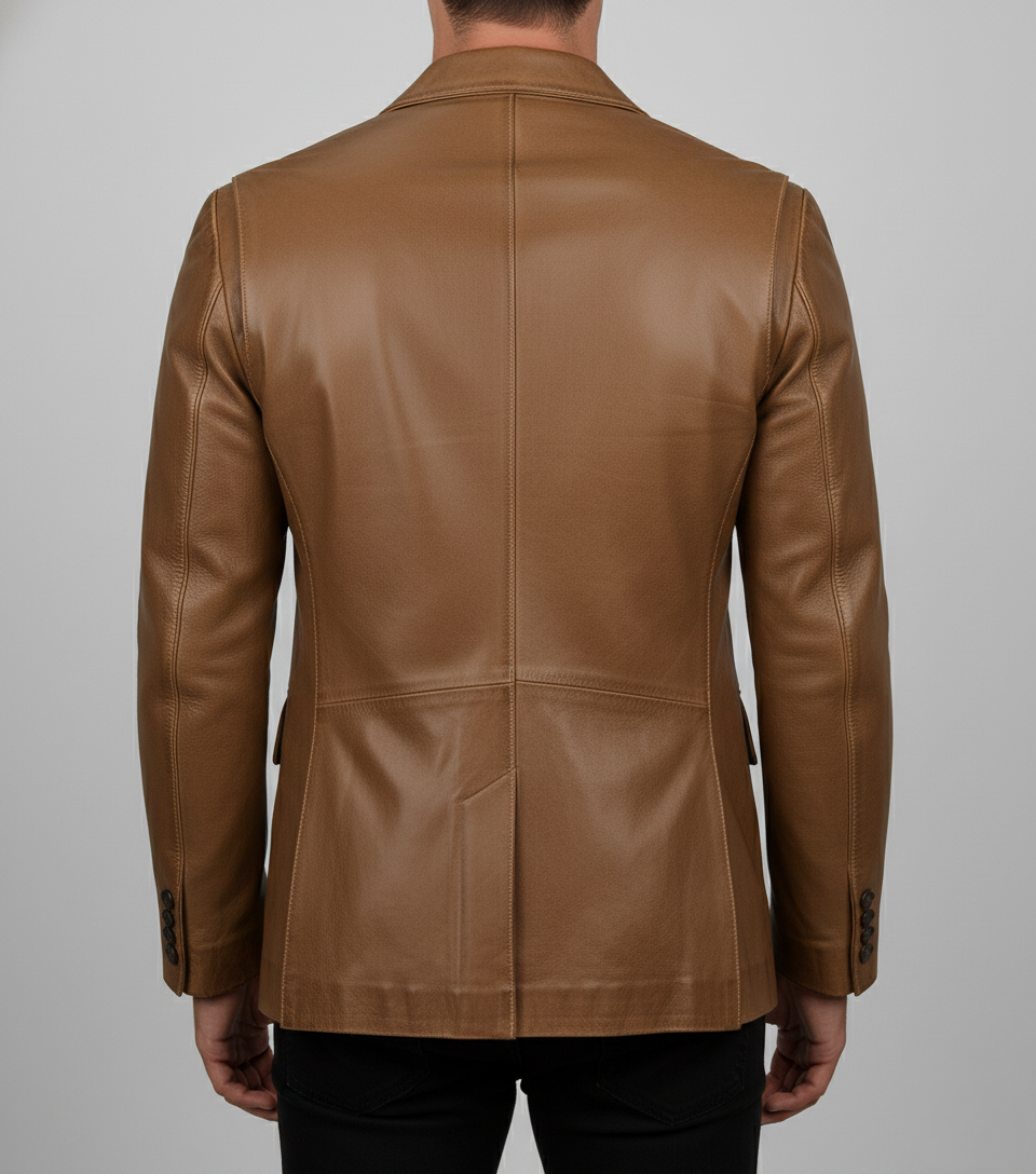 Mens Brown Waxed Leather Blazer Handmade Coat - back View