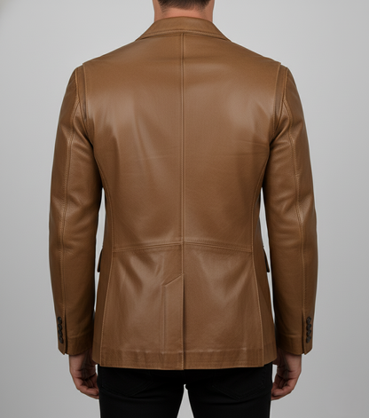 Mens Brown Waxed Leather Blazer Handmade Coat - back View