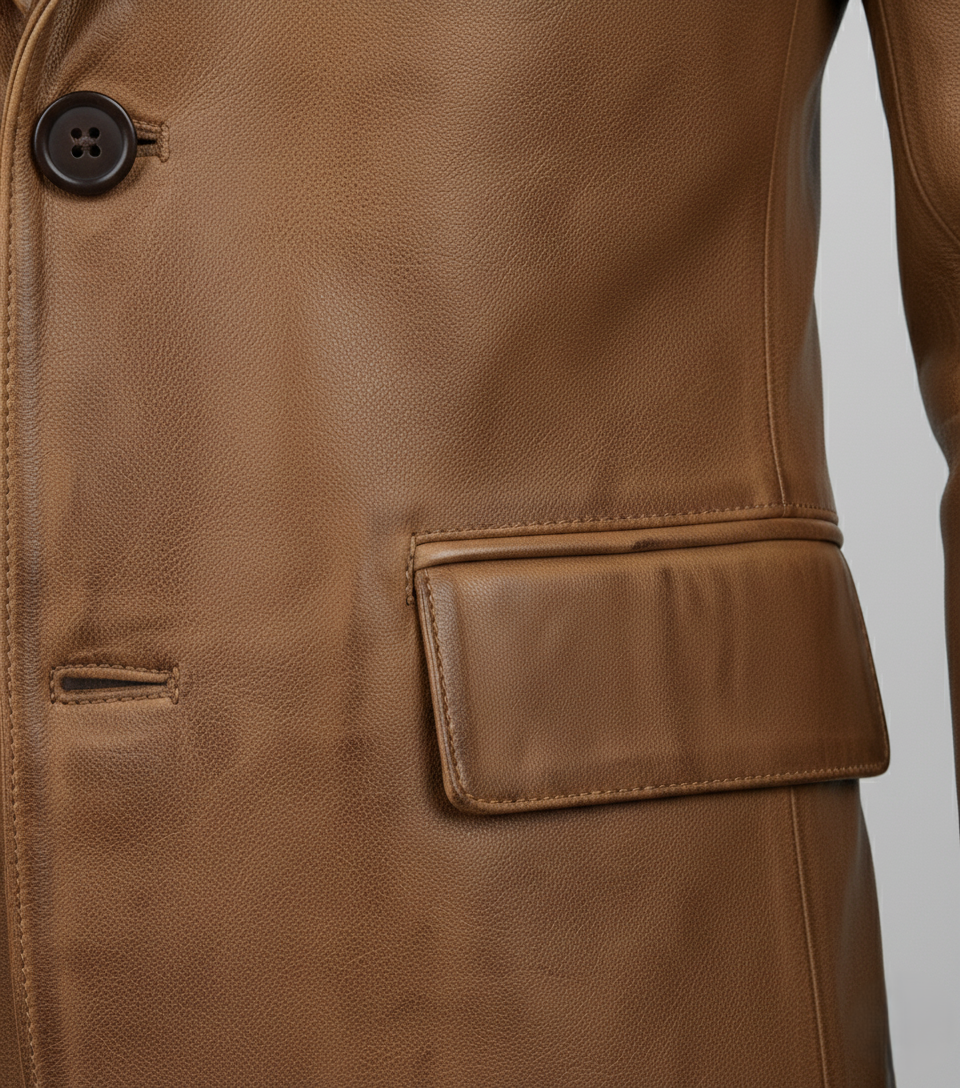 Mens Brown Waxed Leather Blazer Handmade Coat - Collar Detail