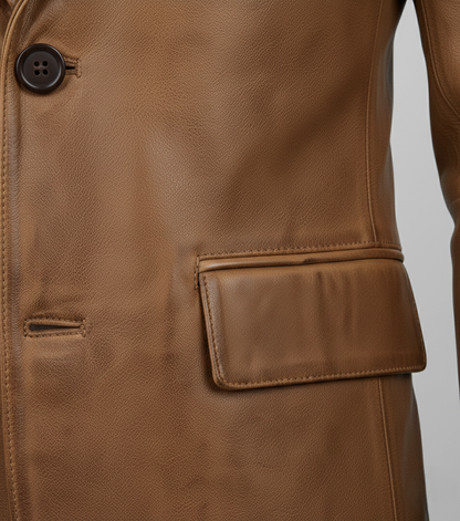 Mens Brown Waxed Leather Blazer Handmade Coat - Collar Detail