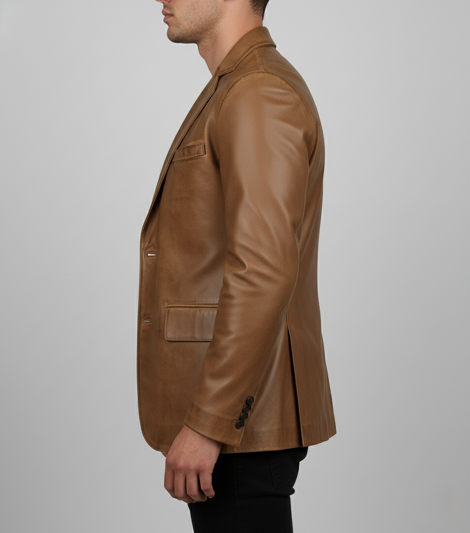 Mens Brown Waxed Leather Blazer Handmade Coat - Detail View