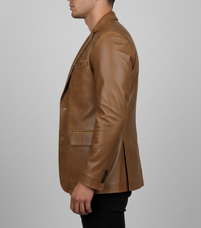 Mens Brown Waxed Leather Blazer Handmade Coat - Detail View