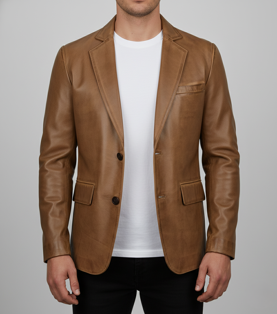 Mens Brown Waxed Leather Blazer Handmade Coat - Front View