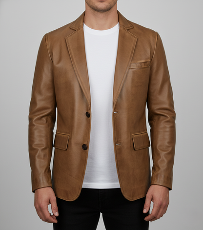 Mens Brown Waxed Leather Blazer Handmade Coat - Front View