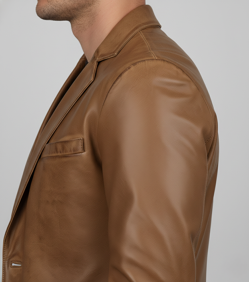Mens Brown Waxed Leather Blazer Handmade Coat - Full Look