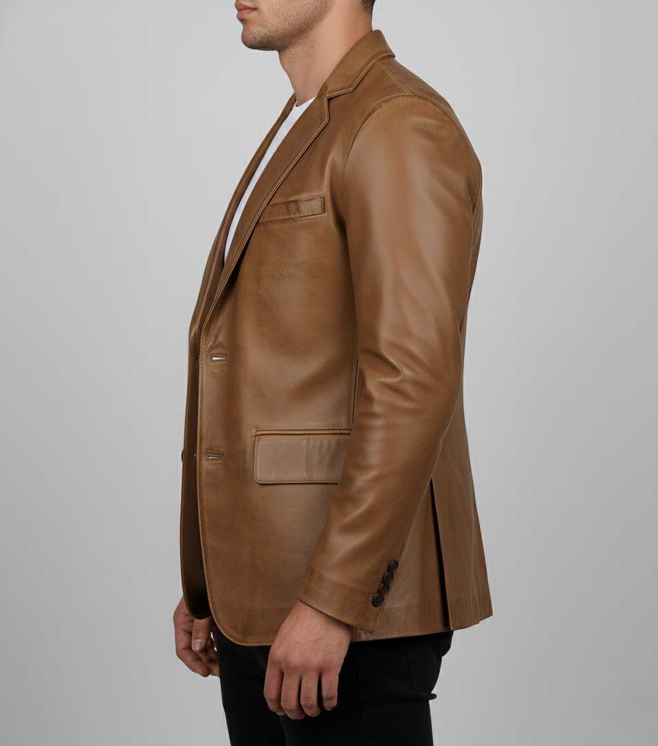 Mens Brown Waxed Leather Blazer Handmade Coat - Side View