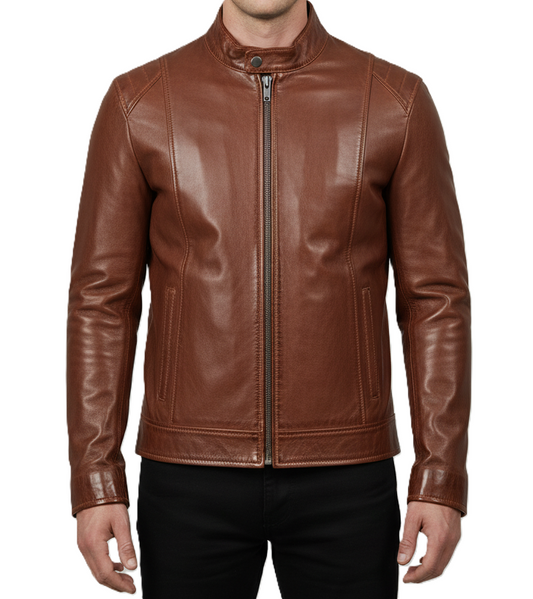 Mens Brown Waxed Leather Motorbike Jacket - Front View