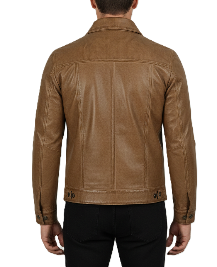 Men's Brown Waxed Leather Trucker Jacket - Back View
