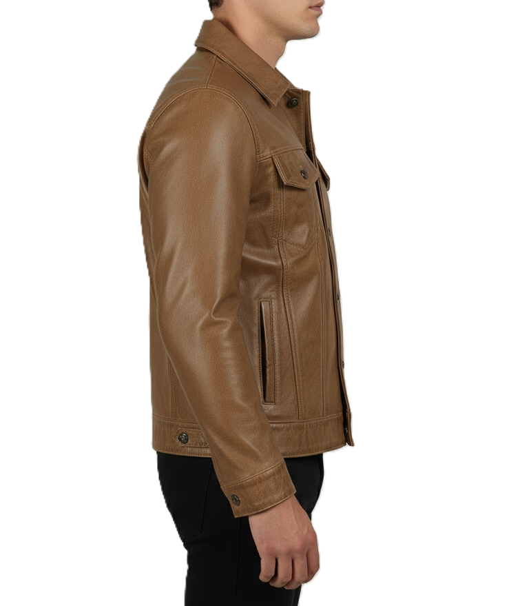 Men's Brown Waxed Leather Trucker Jacket - side View