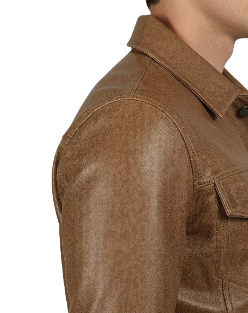 Men's Brown Waxed Leather Trucker Jacket - Detail View