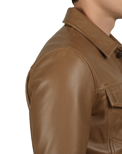 Men's Brown Waxed Leather Trucker Jacket - Detail View