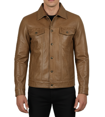 Men's Brown Waxed Leather Trucker Jacket - Front View