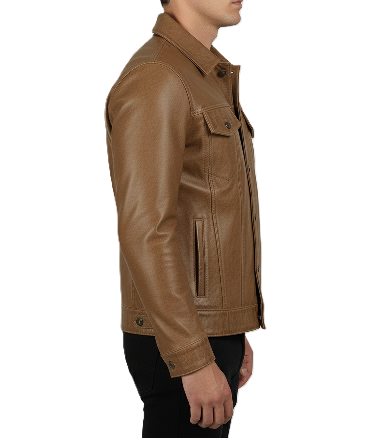 Men's Brown Waxed Leather Trucker Jacket - Full Look