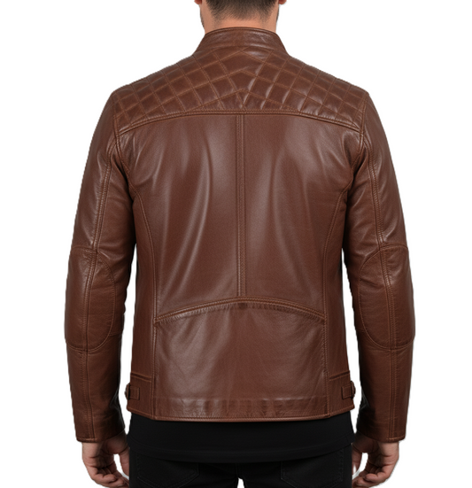 Mens Brown Waxed Shaded Cafe Racer Leather Jacket - Back View