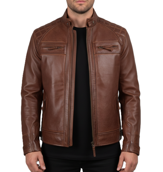 Mens Brown Waxed Shaded Cafe Racer Leather Jacket - Front View