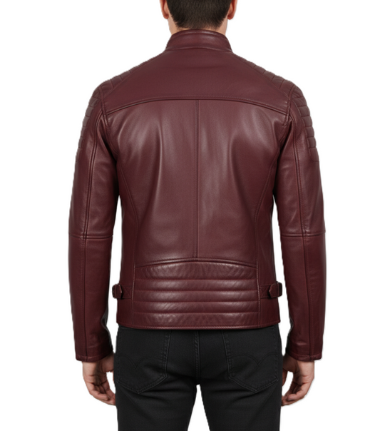 Mens Burgundy Cafe Racer Leather Jacket - Back View