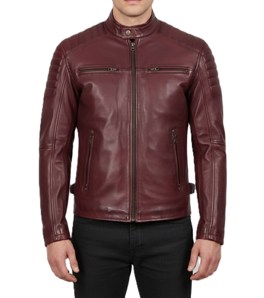 Mens Burgundy Cafe Racer Leather Jacket - Front View