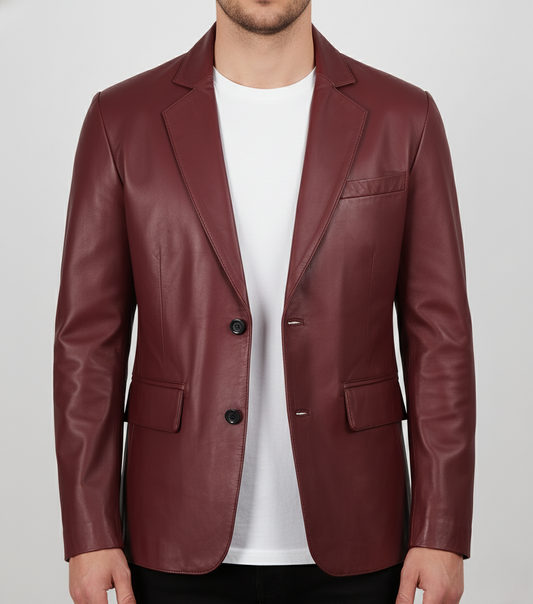 Mens Burgundy Leather Blazer Handmade Coat - Front View