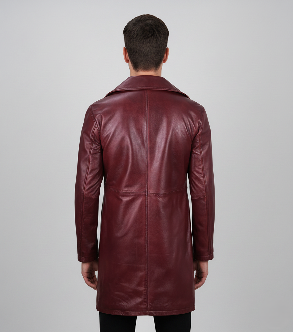 Mens Burgundy Leather Trench Coat - Back View