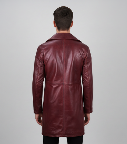 Mens Burgundy Leather Trench Coat - Back View