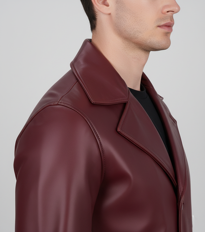 Mens Burgundy Leather Trench Coat - Collar Detail