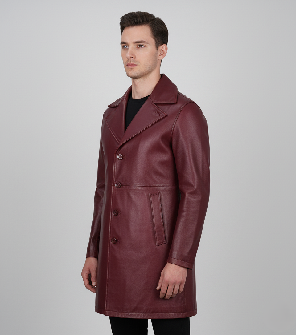 Mens Burgundy Leather Trench Coat - Detail View