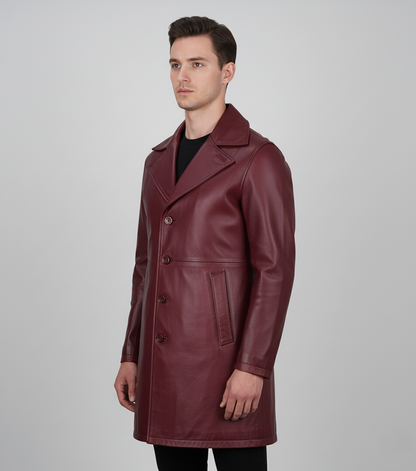 Mens Burgundy Leather Trench Coat - Detail View