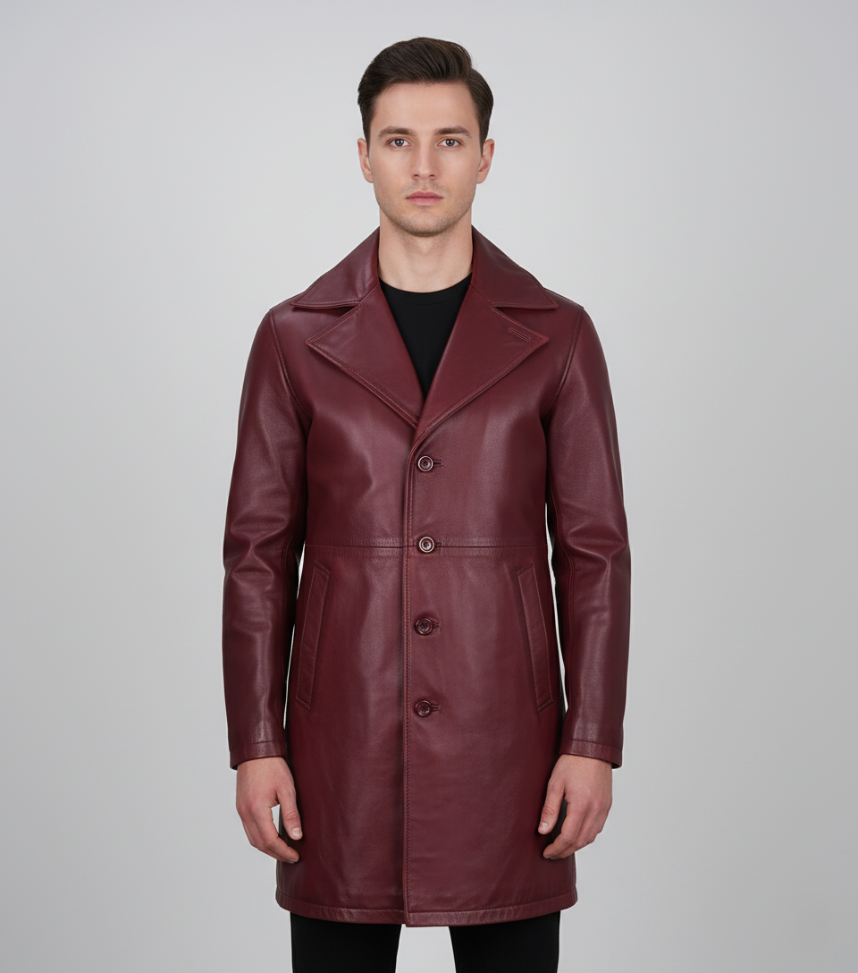 Mens Burgundy Leather Trench Coat - Front View