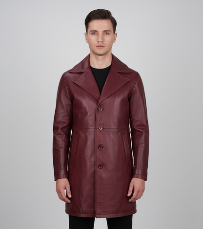 Mens Burgundy Leather Trench Coat - Front View
