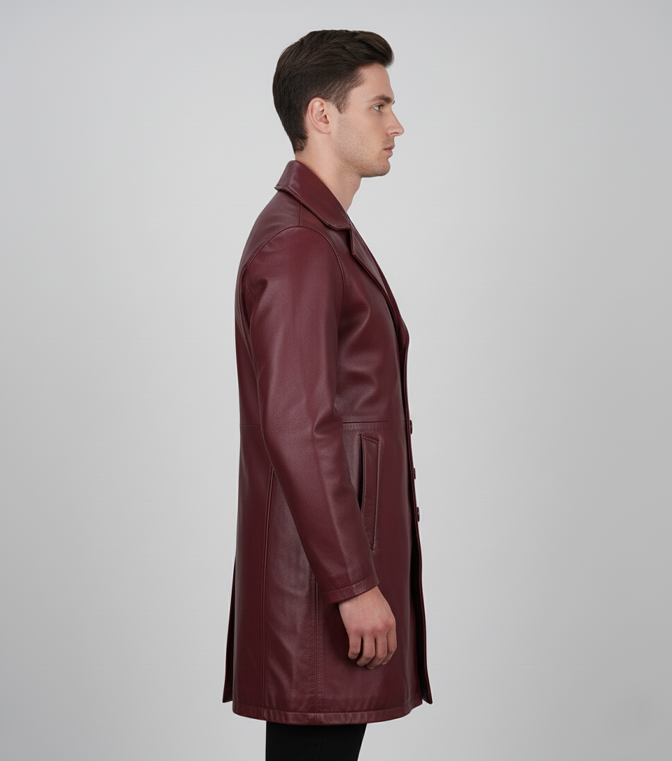 Mens Burgundy Leather Trench Coat - Side View