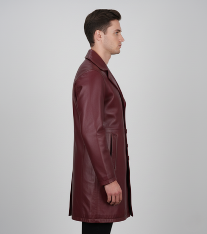 Mens Burgundy Leather Trench Coat - Side View