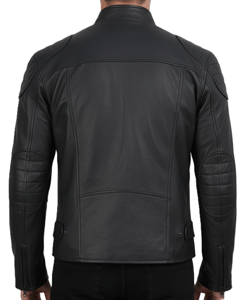 Mens Cafe Racer Jacket with Padded Shoulders - Back View