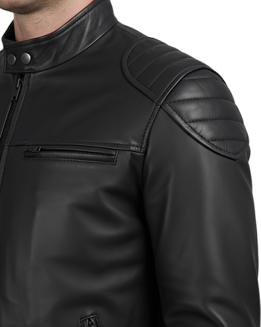 Mens Cafe Racer Jacket with Padded Shoulders - Collar Detail