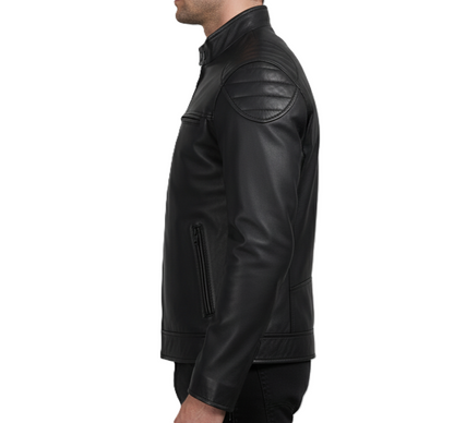 Mens Cafe Racer Jacket with Padded Shoulders - Detail View
