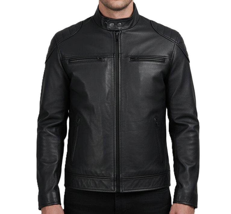 Mens Cafe Racer Jacket with Padded Shoulders - Front View