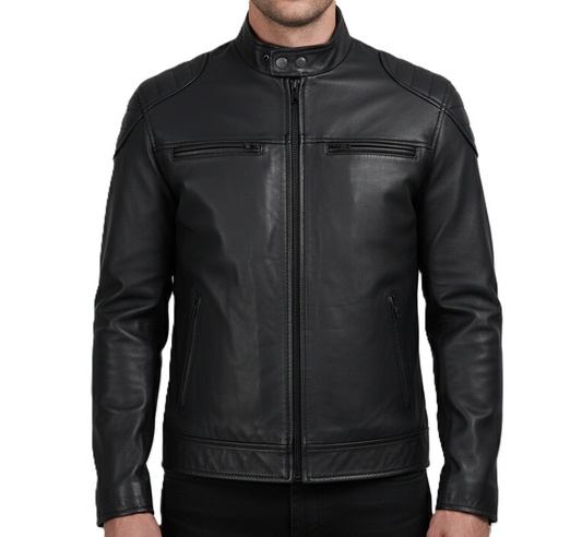 Mens Cafe Racer Jacket with Padded Shoulders - Front View