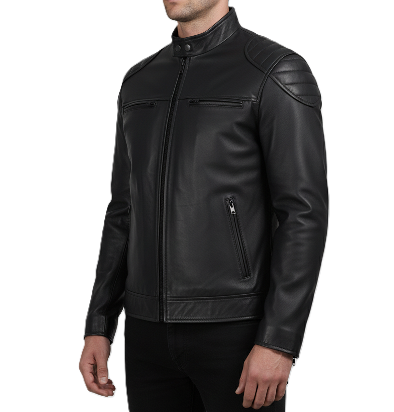 Mens Cafe Racer Jacket with Padded Shoulders - Side View