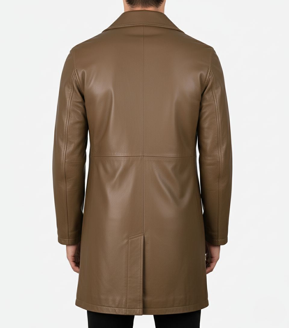 Mens Camel Brown Leather Trench Coat - Back View