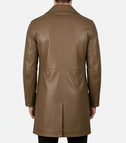 Mens Camel Brown Leather Trench Coat - Back View