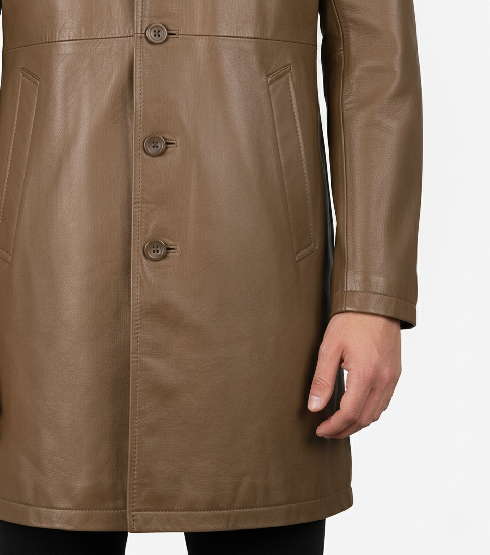 Mens Camel Brown Leather Trench Coat - Collar Detail