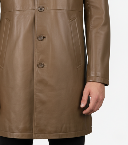 Mens Camel Brown Leather Trench Coat - Collar Detail